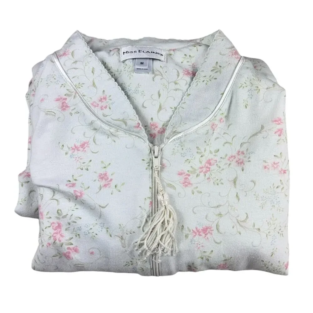 Miss Elaine Womens M Floral Zip Front Robe Housecoat Cottagecore Pink White